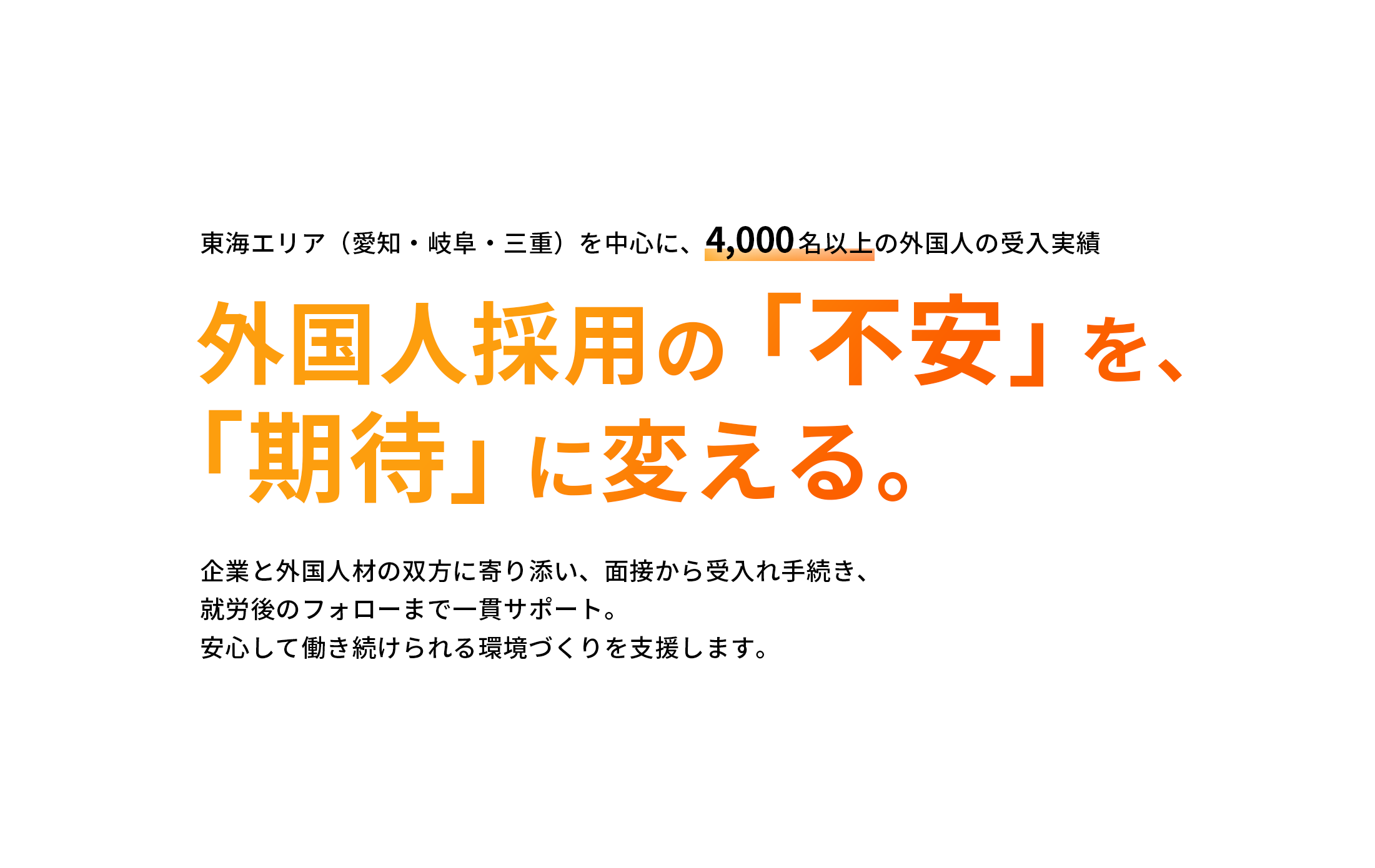 東海エリア（愛知・岐阜・三重）を中心に4,000名以上の外国人の受入実績。外国人採用の「不安」を、「期待」に変える。